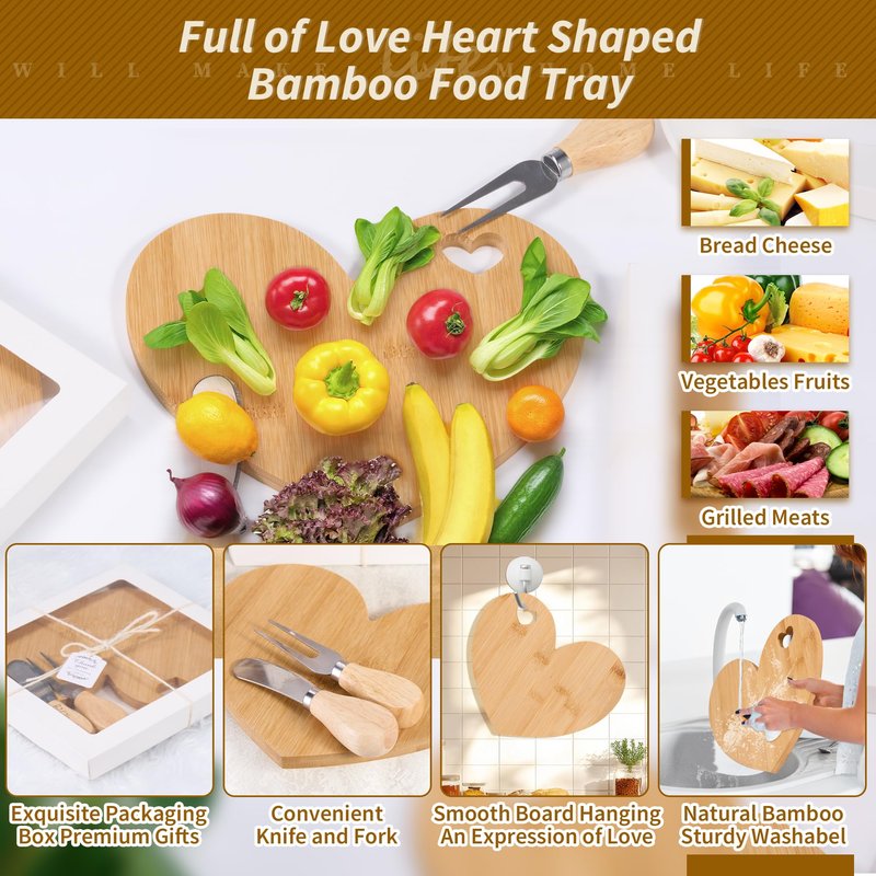 Defined Deco 12 Set Heart Cheese Board Cheese Knives Wood Mini Charcuterie Board,8.3x7 Inch Mini Charcuterie Boards with Knives,for Guest Bridal Baby Shower Prize Wedding Birthday Valentines Day