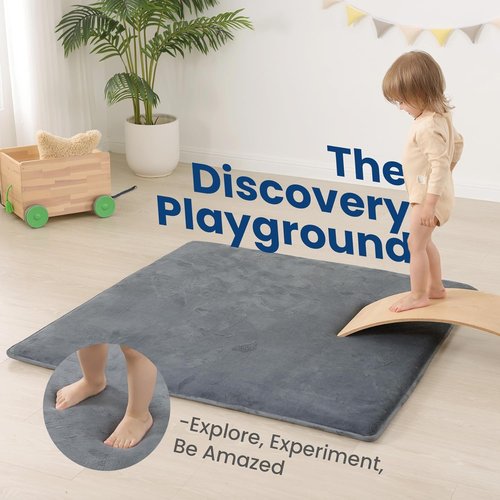 Huloo Play Mat - Non-Toxic 50"×50" Thick Elasti-Foam for Tummy Time | Soft Coral Velvet, Dark Grey