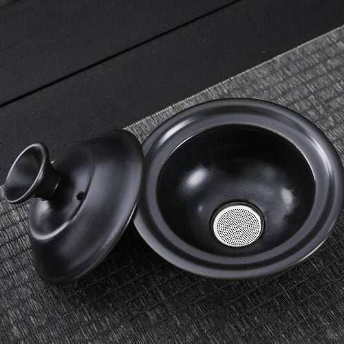 fanquare Chinese Gongfu Tea Set for 6, Rotating Tea Cup with Semi-automatic Base, Porcelain Tea Set for Home, Handmade Ceramic Tea Cups, Fair Cup, Gaiwan, Black