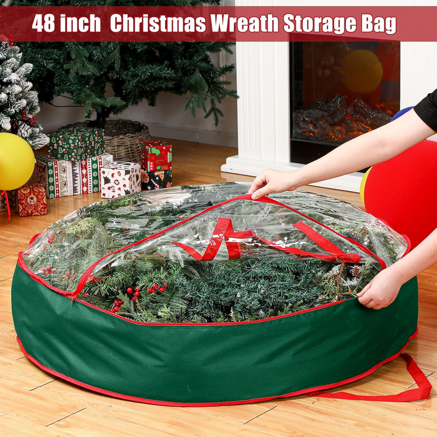 Abbylike Christmas Wreath Storage Bag - Extra Large 48'' Clear Container with Zipper & Handles | Green 600D Oxford
