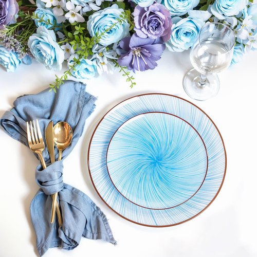 LIYH 60 Pcs Blue Plastic Combo Plates Set - Heavy Duty Scalloped Disposable Dinner and Dessert Plates for Party - 10.25" Dinner & 7.5" Dessert Plate for 30 Guests