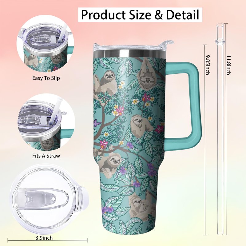 Kearscupra 40 oz Sloth Tumbler with Handle and Straw, Insulated Stainless Steel Cup with Lid, Travel Coffee Mug Water Bottle, Animal Lovers Women Gifts