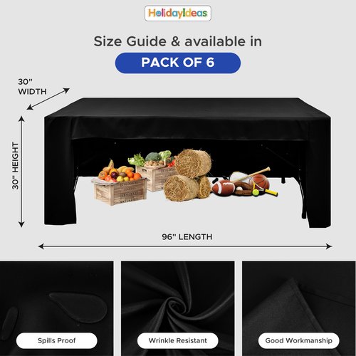 HolidayIdeas Black Open Back Fitted Rectangle Tableclothss for 8 Ft Table, 3-Sided Table Covers 96x30 Inch for Craft Fairs, Banquets, Trade Show Display, Black,6 Pcs