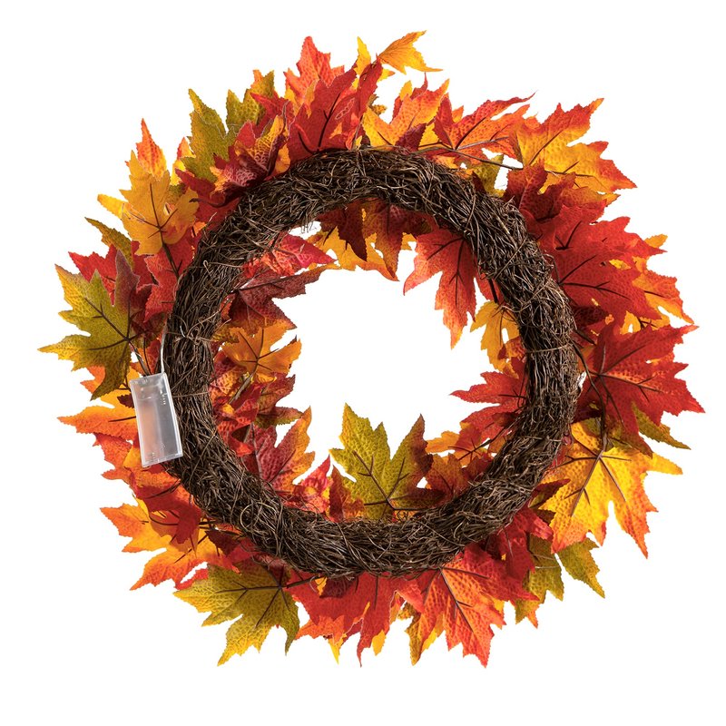 Glitzhome 24 Inch Pre-lit Fall Wreath, Autumn Wreath for Front Door, Lighted Maple Leaves Wreaths with Timer for Thanksgiving Halloween Christmas Wall Front Porch Home Decoration