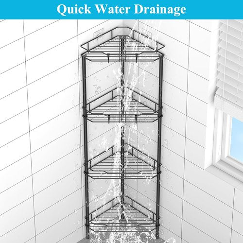 HuggieGems Corner Shower Caddy Organizer - 4 Tier Floor Standing Shelf with Hooks | Black Bathroom Storage