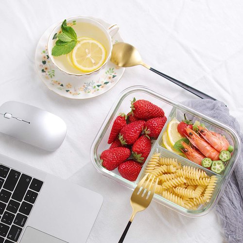 HOMBERKING 8 Pack Glass Meal Prep Containers 3 Compartment, 36oz Glass Food Storage Containers with Lids, Airtight Lunch Bento Boxes, Leak Proof (8 lids & 8 Container) - Light White