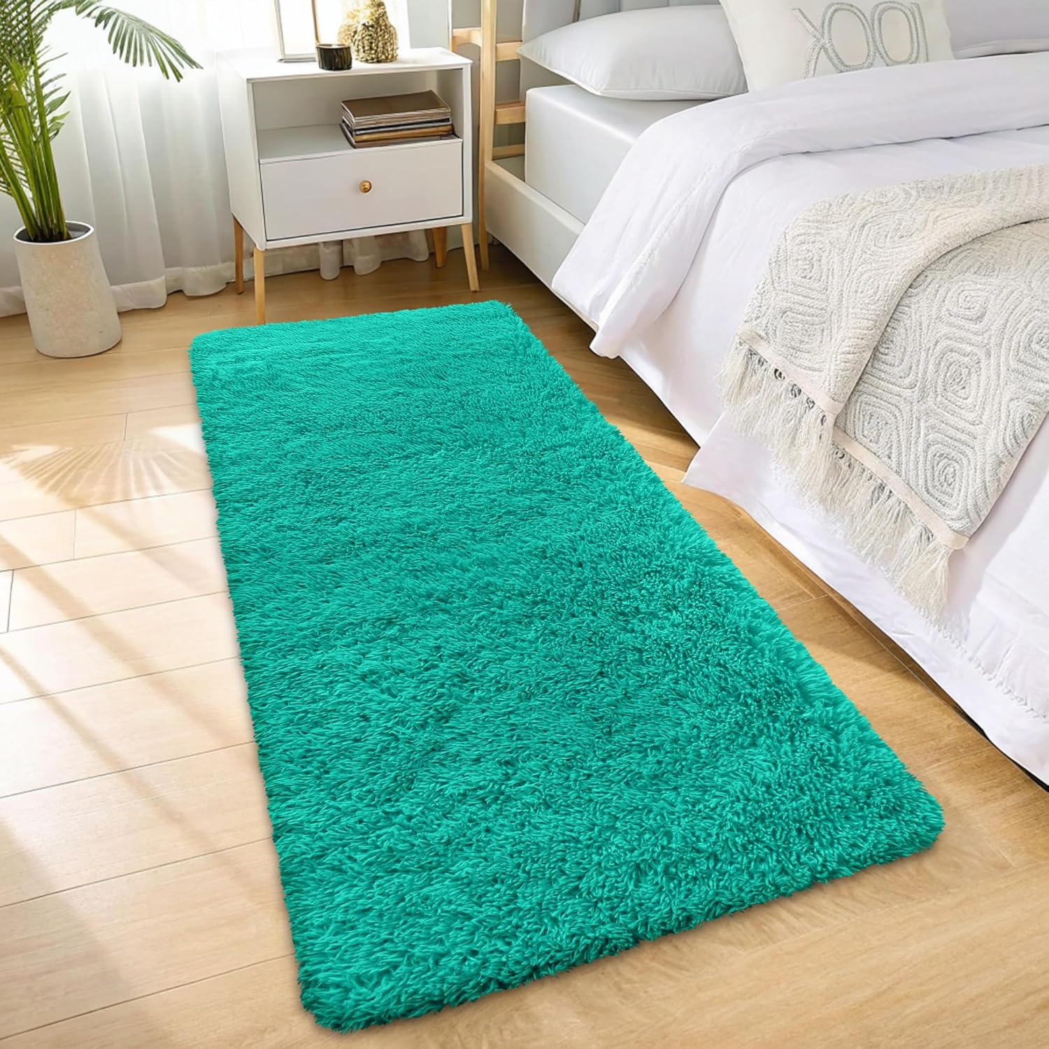 OLANLY 2x6 Soft Fluffy Machine Washable Runner Rug - Teal Green Shaggy Carpet for Bedroom & Hallway