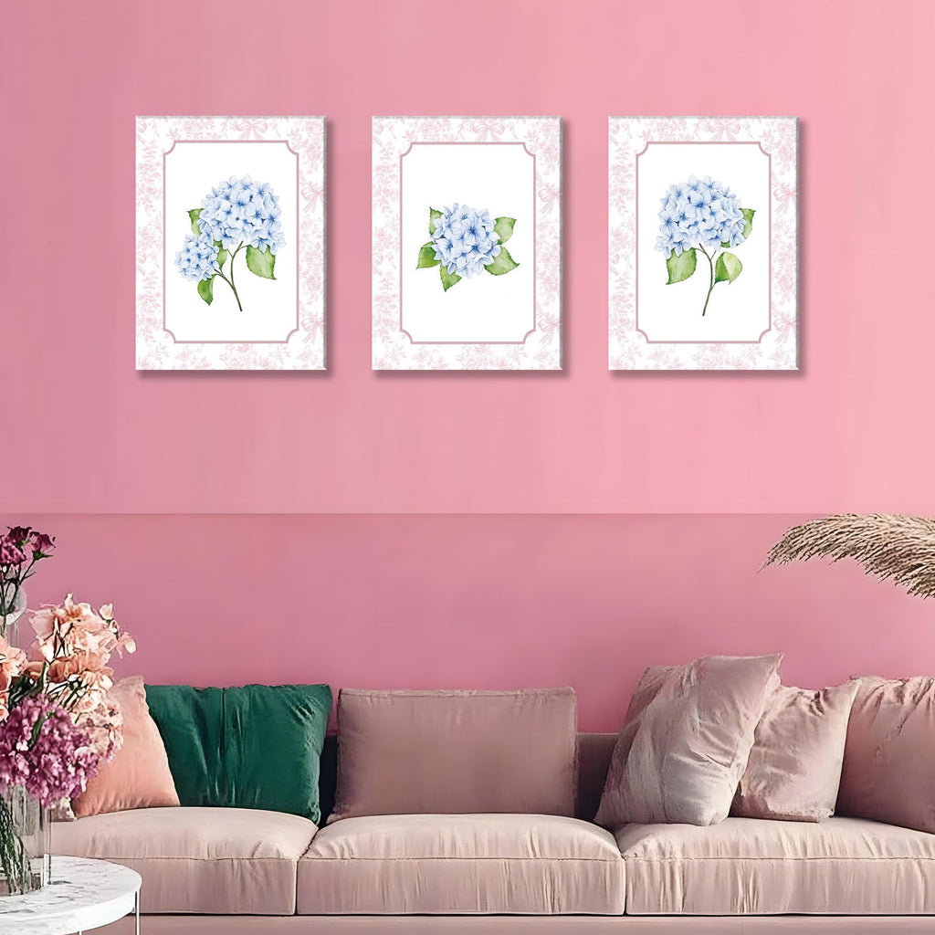 Blue Hydrangea Wall Art Set of 3, Preppy Blue Hydrangea Canvas Prints Poster Picture, Floral Aesthetic Wall Decor for Teen Girls Bedroom Dorm Apartment 16x24 Inch Framed