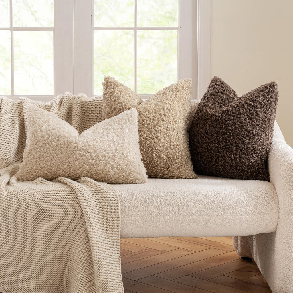 MIULEE Pack of 2 Faux Fur Throw Pillow Covers 18x18 Inch Neutral Light Beige Boucle Decorative Sherpa Pillow Covers Fuzzy Accent Soft Sheepskin Fleece for Boho Home Decor Couch Living Room Bed