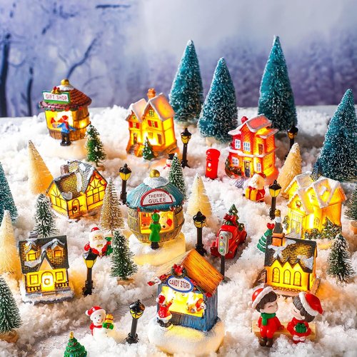 Kasyat 58 Pcs Christmas Village Set - Miniature LED Figurines & Houses for Winter Decor