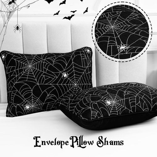 FRAMICS 3 Pieces Halloween Quilt Set King Size, Spider Web Quilt Set, Lightweight Black Quilt, Halloween Bedding Set, 106" x 96", 1 Quilt+2 Pillow Shams