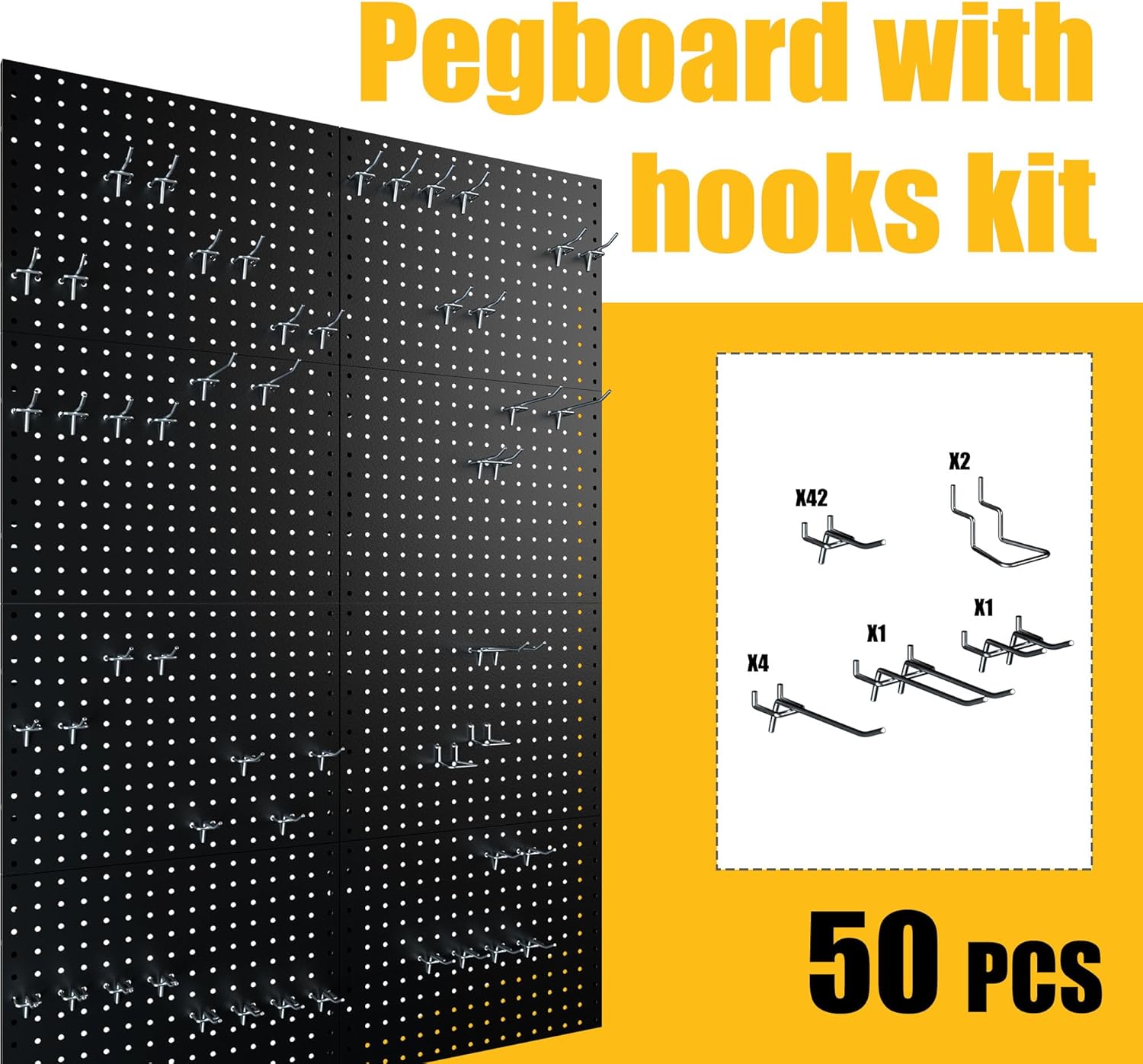Spampur Pegboard Panels - 8 Pack Heavy-Duty Wall Organizer with 50 Hooks | Black for Home & Garage