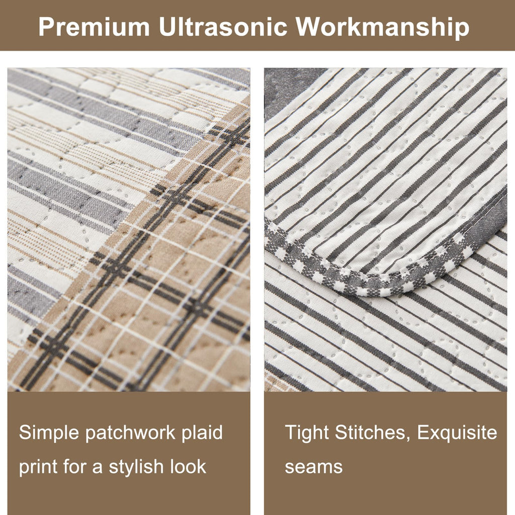 Brown Black Plaid Bedding Sets, 3 Pcs King Size Quilt Bedspread Checked Patchwork Print Coverlets Bedcover Reversible Bed Cover Country Bedroom Decor(96"x 108")