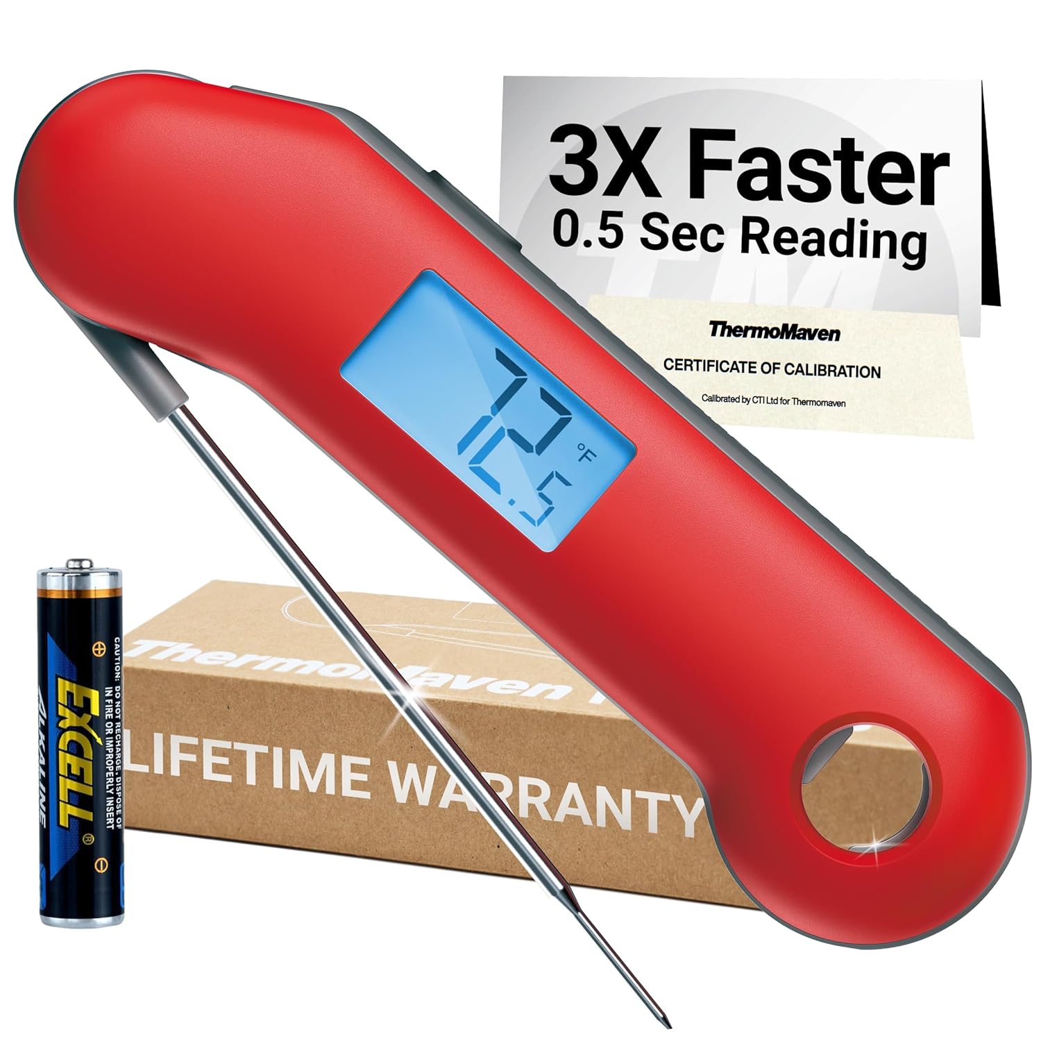 ThermoMaven Digital Meat Thermometer - 3X Faster 0.5 Sec Instant Read, Waterproof Probe, Red & Gray