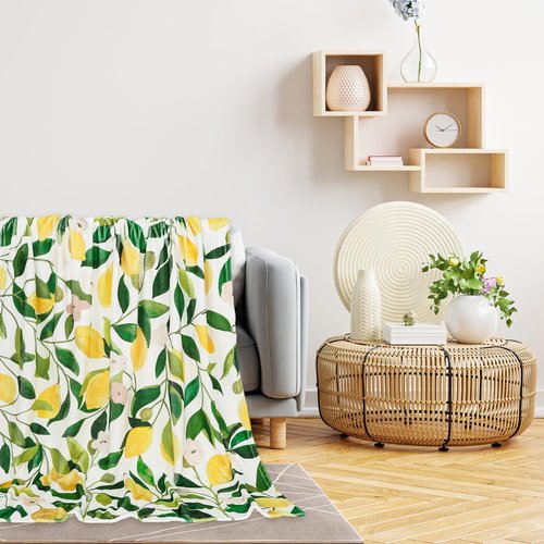 JarThenaAMCS Lemon Fuzzy Blanket - 60 x 50 Inch Yellow Lemon with Green Leaves Throw Blanket for Adults & Kids - Soft, Warm, Spring/Summer Blanket for Home, Chair, Sofa, Couch