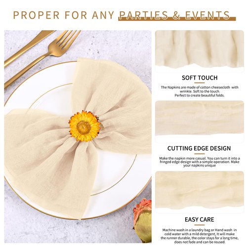 100 Pieces Cloth Napkins Beige Dinner Cheesecloth Napkins for Wedding,Wrinkled Cloth Napkins Bulk for Home Party Rustic Table Decoration, 17 x 17 Inch