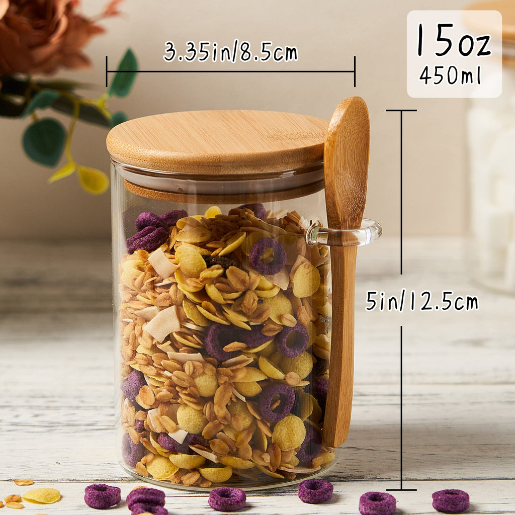 Glass Sugar Container with Spoon - 2 Pack 15oz Glass Jars with Bamboo Lid and Spoon, Bamboo Lid Storage Jar Canister for Coffee Beans, Spice, Brown Sugar, Tea, Flour, Nuts, Candy, Salts and More