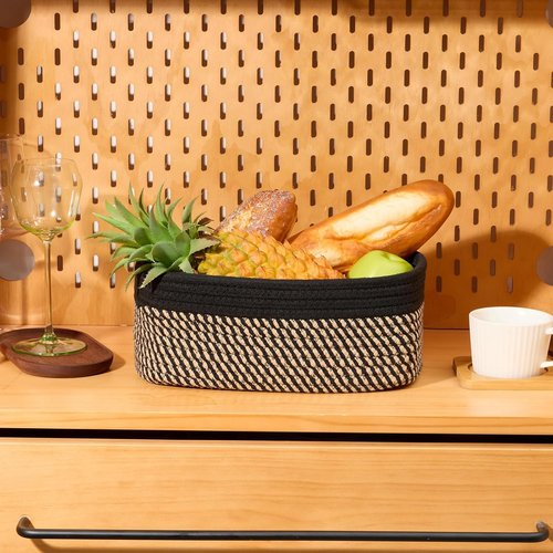 MiniArk Small Storage Baskets - Organizing Closet Bins | Woven Rope Toy Baskets | 3-Pack Black Brown | 11.5x7.5x4.7”
