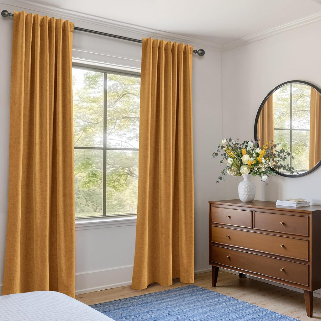 Skiennix 100% Blackout Linen Curtains - Thermal Insulated Drapes, 50" W x 102" L, Mustard Yellow - 2 Panels Set