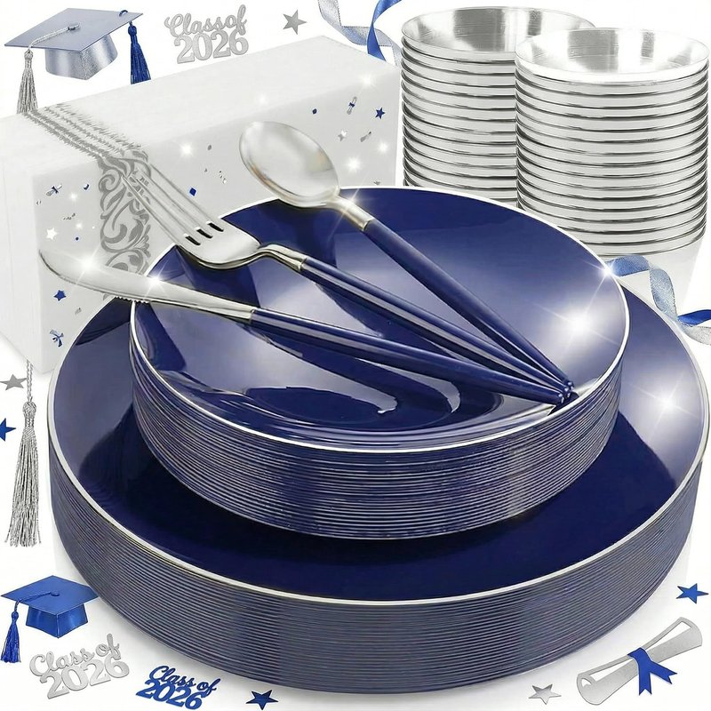 KIRE 175Pcs Blue Plastic Plates with Silver Rim & Disposable Silverware with Blue Handle & Silver-rim Cups & Hand Napkin & Plastic Dinnerware for Parties/Wedding/Graduation/Memorial Day