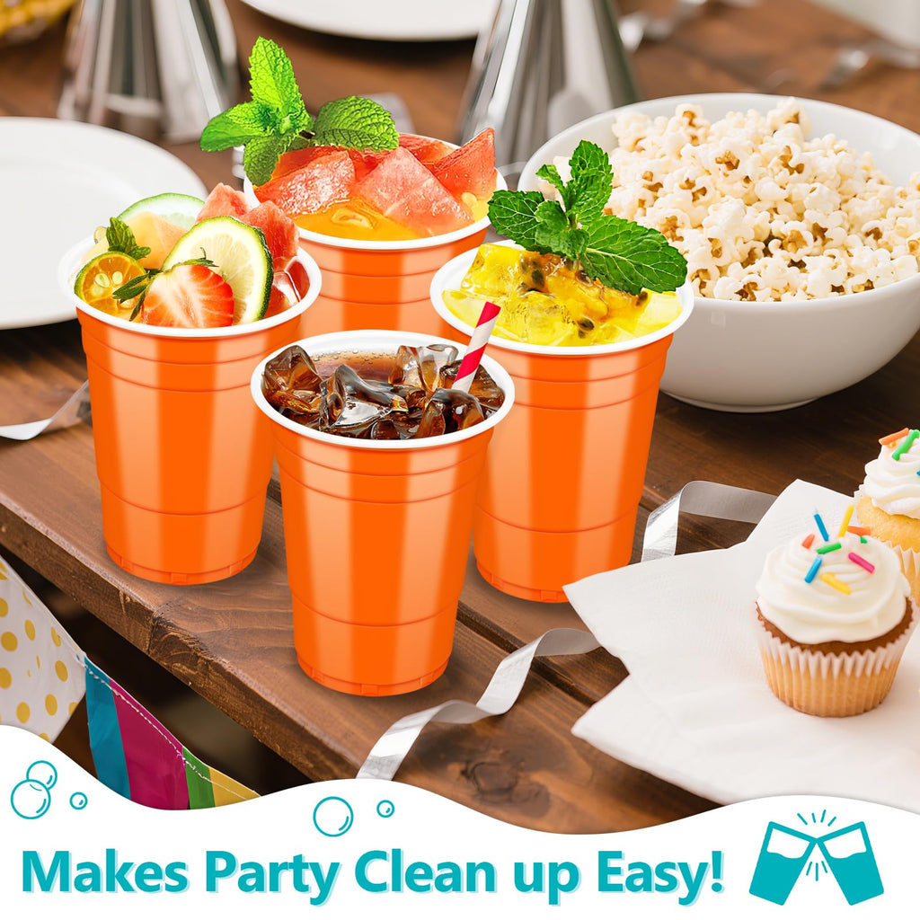 LANLISA 50 Orange Plastic Cups, 16 oz Disposable Cups, Drinking Cups For Birthday Party, Halloween, Thanksgiving, Harvest, Fall