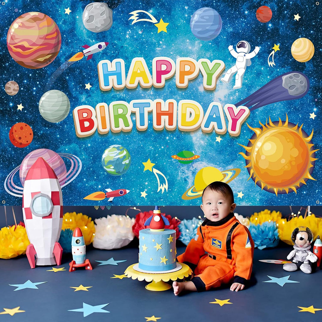 Space Happy Birthday Backdrop Banner - Large Blue Astronaut Galaxy Photo Background for Kids' Party Decor