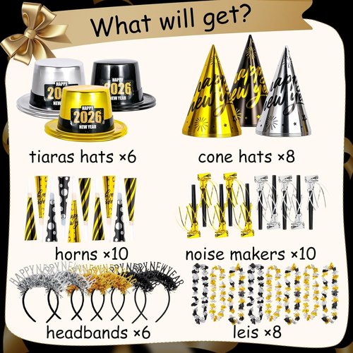Atonofun New Year's Eve Party Supplies - 48 Pcs for 20 Guests | Hats, Horns, Headbands & Favors