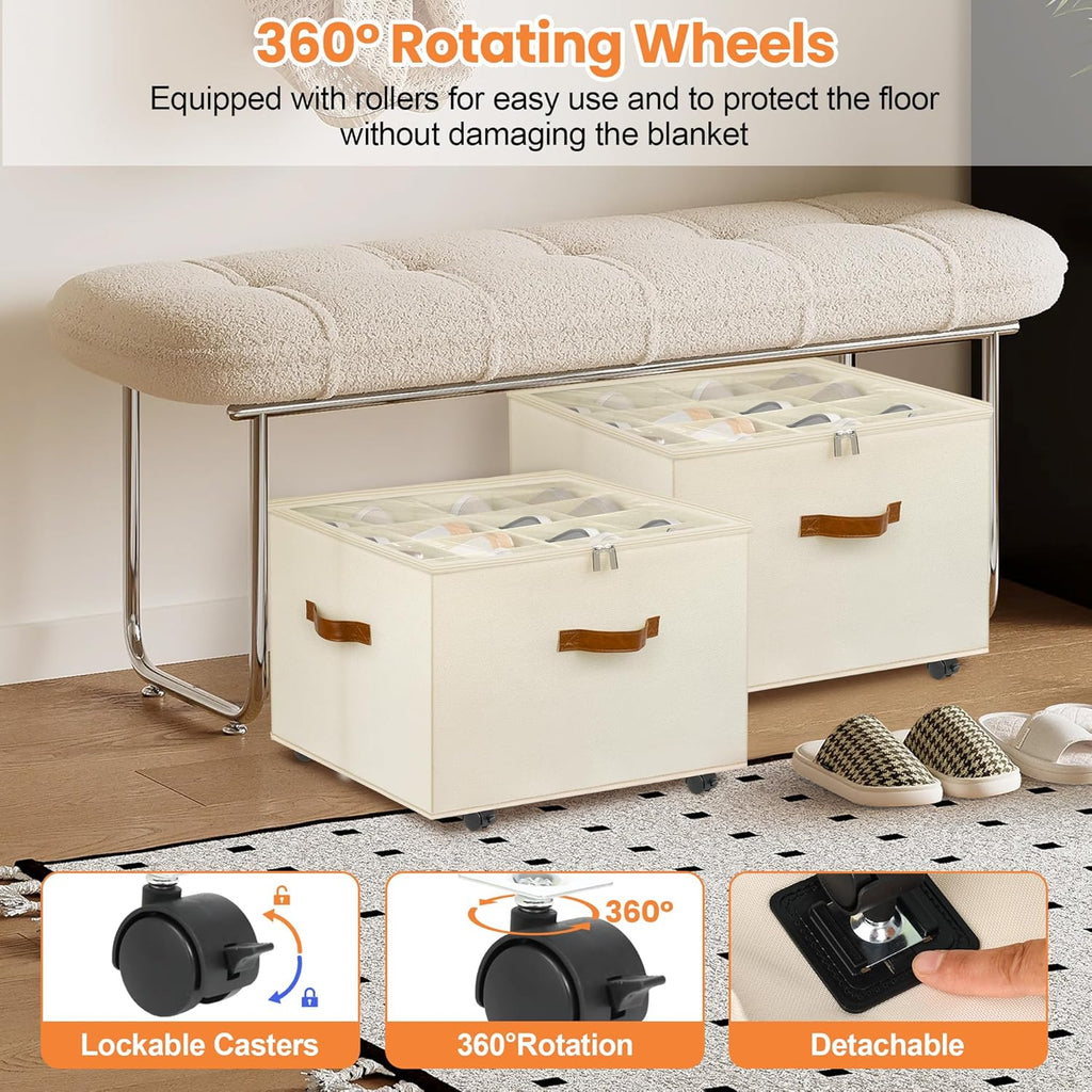 Skiennix Shoe Organizer - Stackable Storage Box with Wheels & Adjustable Dividers | Fits 16-32 Pairs, Beige
