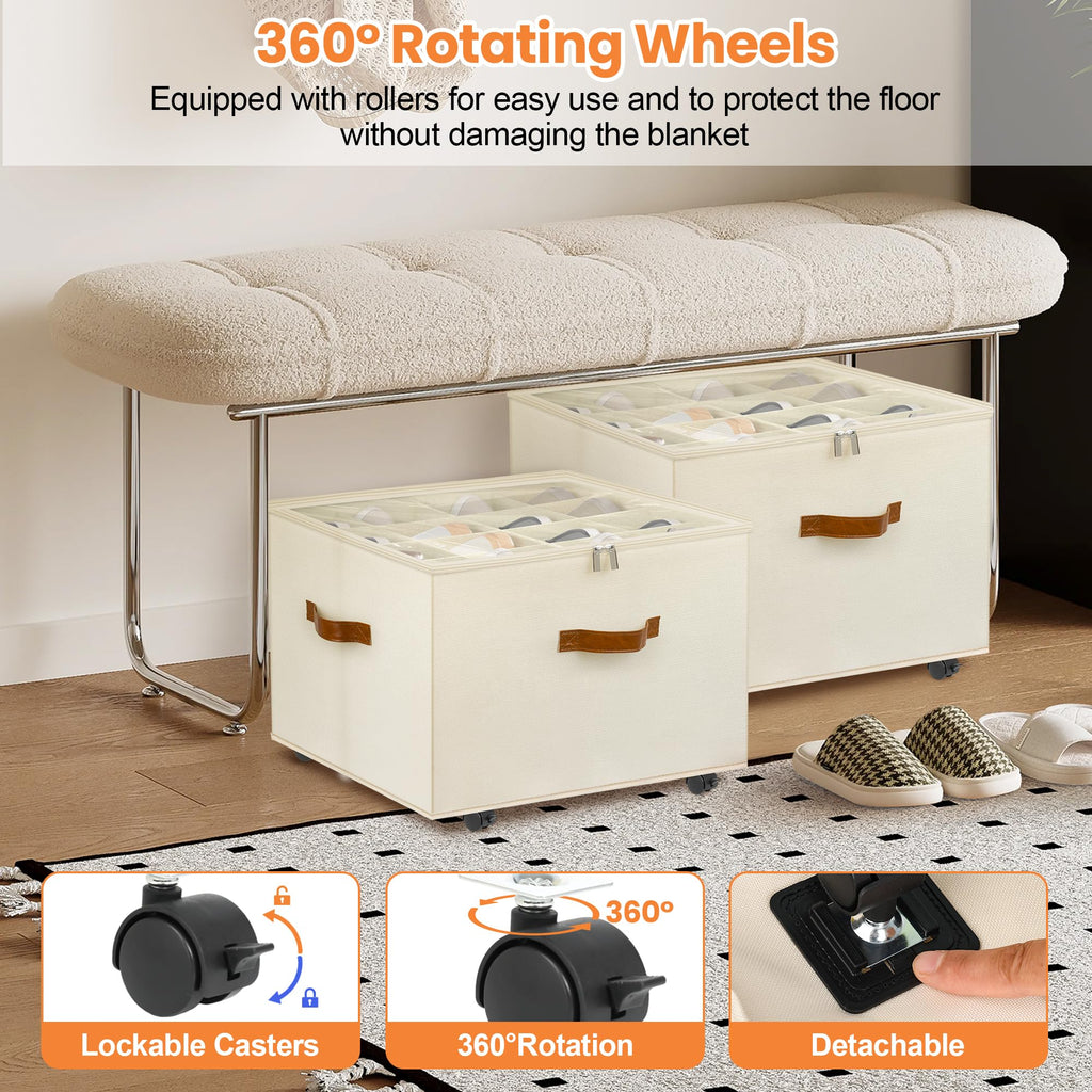 Shoe Organizer for Closet, 2 Pack Shoe Storage Organizer with Wheels and Adjustable Dividers, Stackable Shoe Storage Box with Clear Cover, Foldable Closet Shoe Organizer Fits up to 16-32 Pairs, Beige