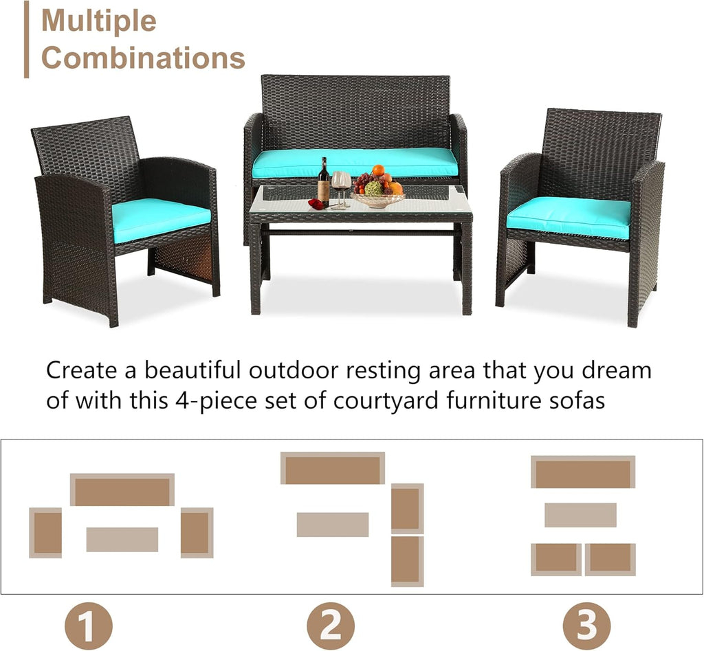 Skiennix Outdoor Furniture Set - 4-Piece Wicker Patio Conversation Set for Lawn & Garden - Brown/Blue