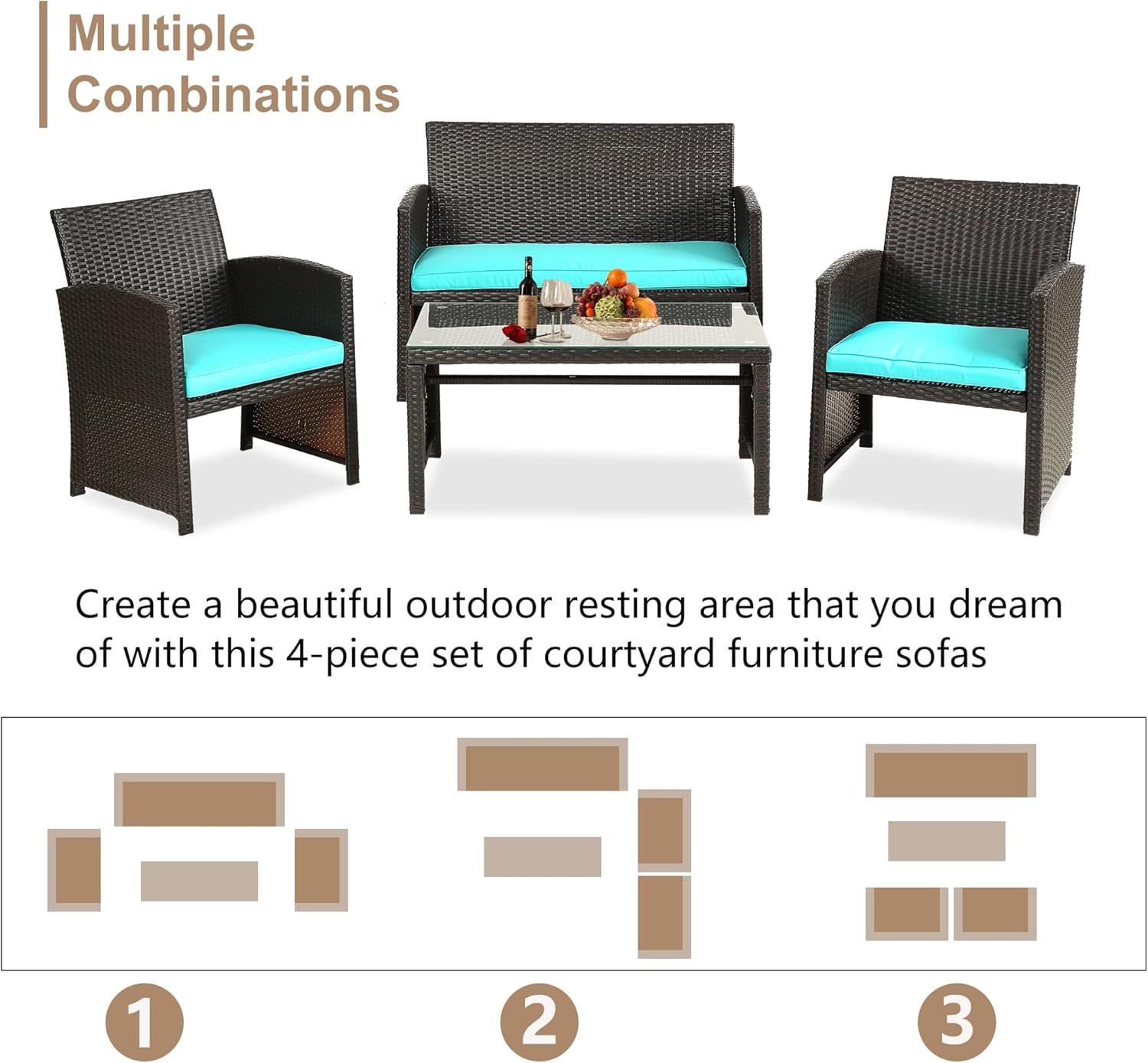 Skiennix Outdoor Furniture Set - 4-Piece Wicker Patio Conversation Set for Lawn & Garden - Brown/Blue