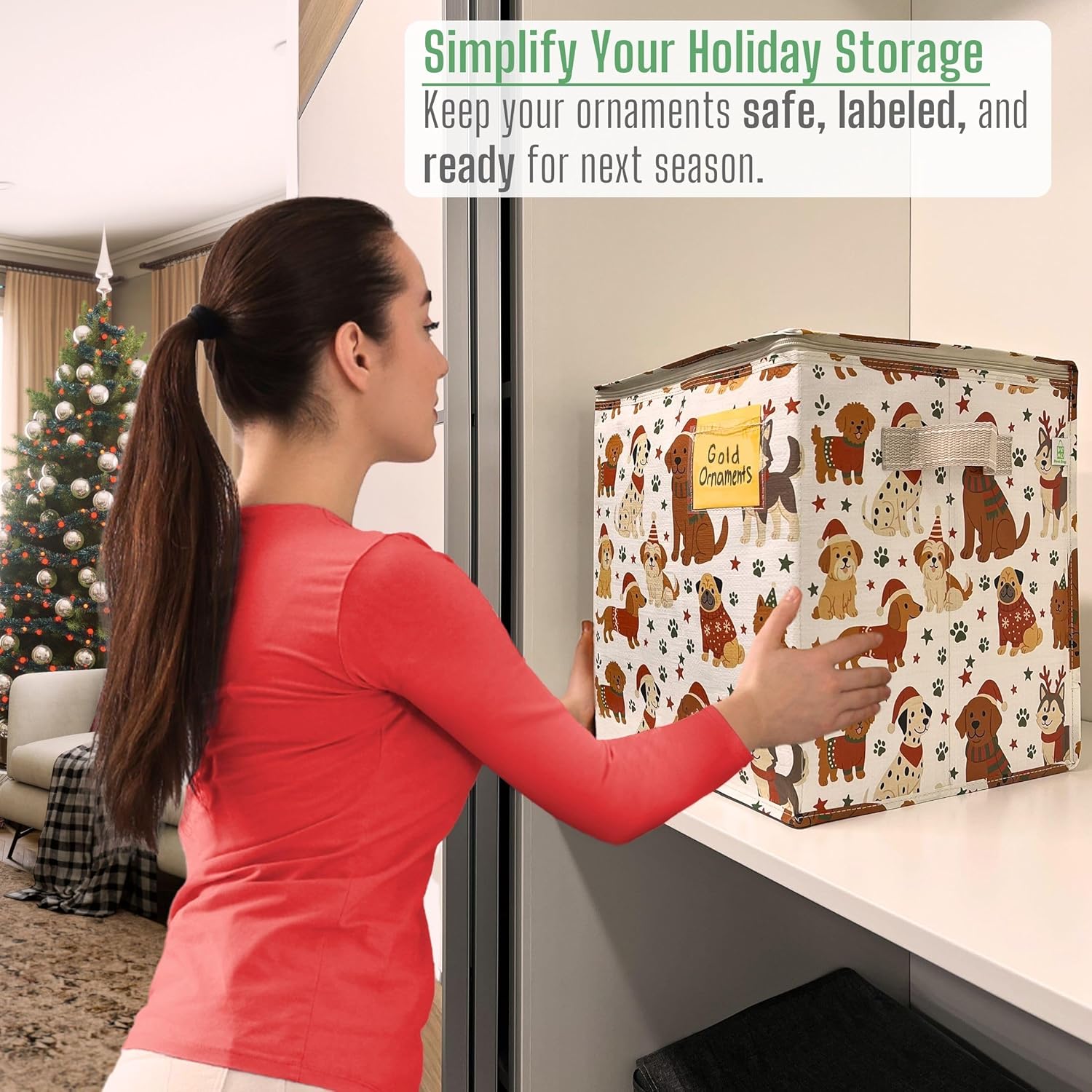 VENO Christmas Ornament Storage Box - 2 Pack for 64 Ornaments | Adjustable Dividers & Zippered Top - Holiday Pups Design