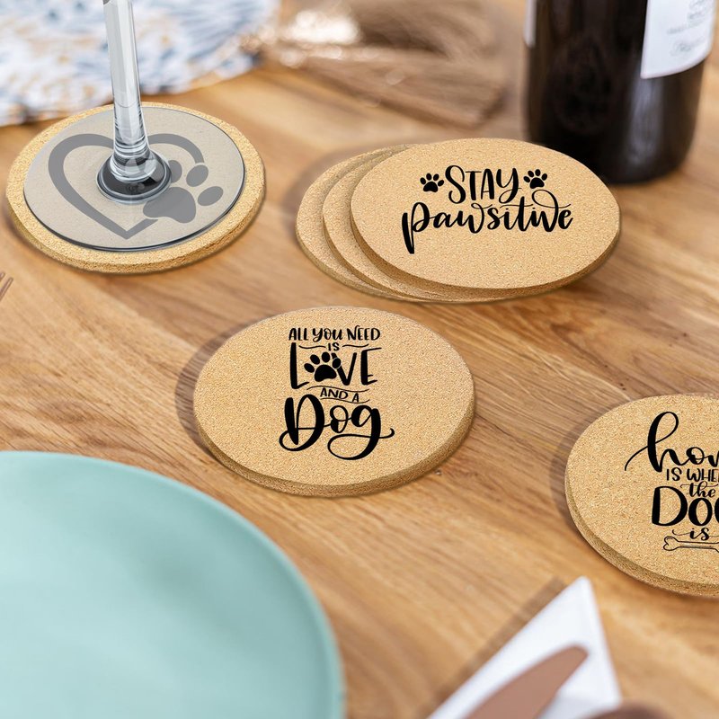 Cegkuc Coasters for Drinks with Set of 6, Cute Dog Coaster for New Home Couples House Warming Gifts Absorbent Paw Cork Wood Bulk for Cup Desk Coffee Table Office Kitchen Decor, Round 4"