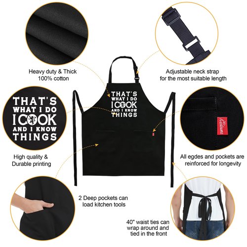 Kaidouma Funny Grilling Aprons for Men - That's What I Do I Cook and I Know Things - Men’s Adjustable Chef Cooking BBQ Grill Aprons with 2 Pockets and 40” Long Ties