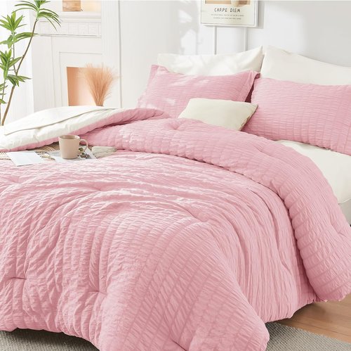 HYMOKEGE Twin Comforter Set - Luxury 5-Piece Seersucker Bedding in Pink/Ivory for All Seasons