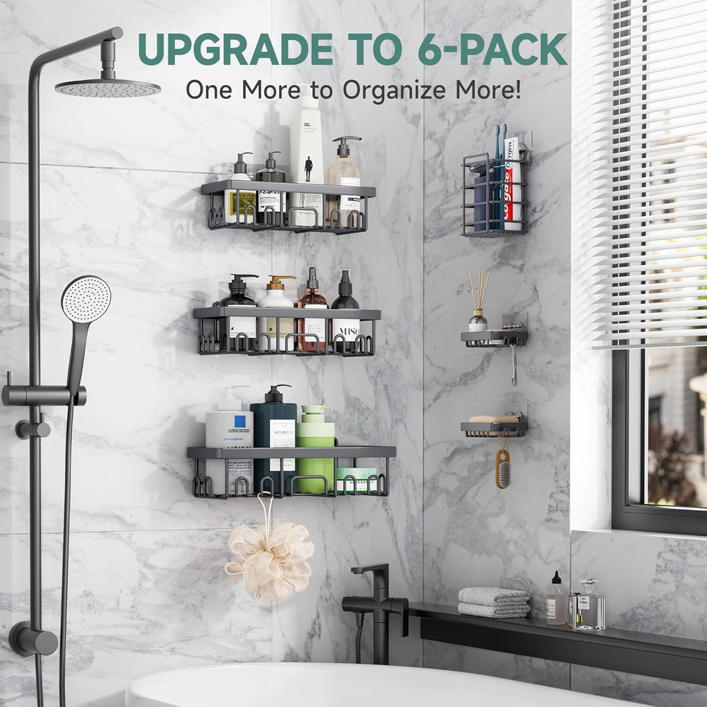Veken Shower Caddy - Rustproof & Waterproof 6-Pack | No-Drill Adhesive Shelves, Large Capacity, Dark Grey