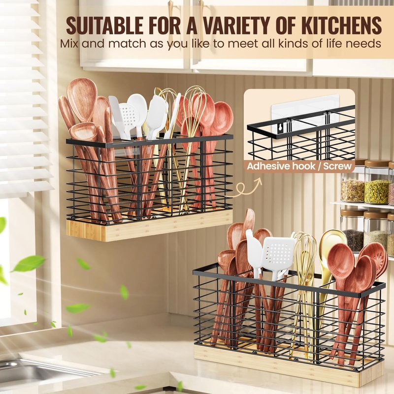 Yirilan Large Kitchen Utensil Holder, Cooking Utensil Holder for Counter, Cooking Holder for Spatula with Wooden Base, Kitchen Countertop, Farmhouse Cooking Utensil Storage (4 Compartments)