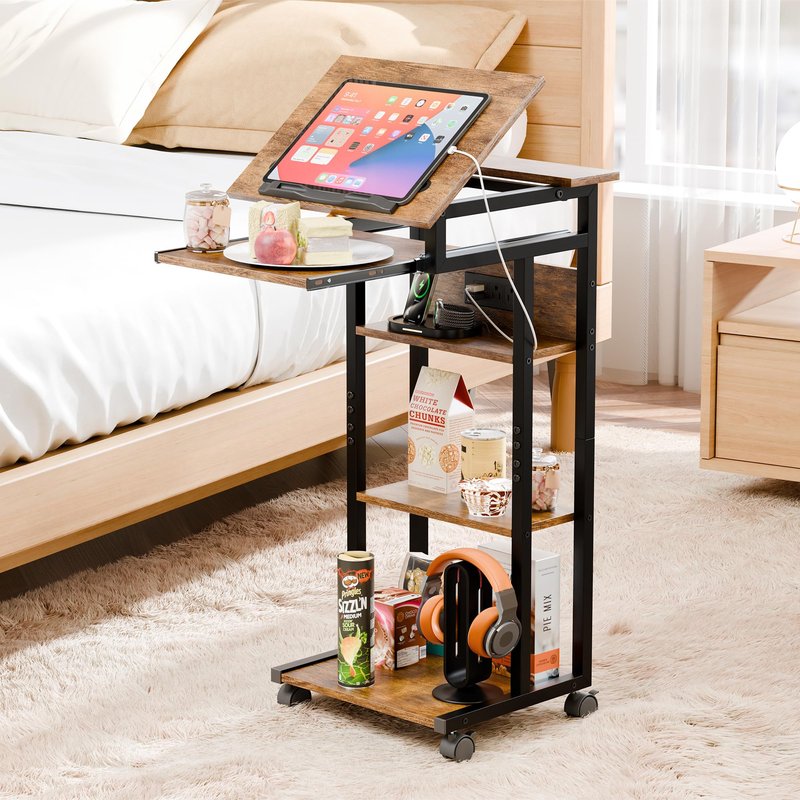 ZIFTY Couch Table with Charging Station and Storage Shelves 360°Swivel End Table with Shelves and Wheels C Shaped End Table for Laptops Tv Tray Side Table for Living Room Bedroom Rustic