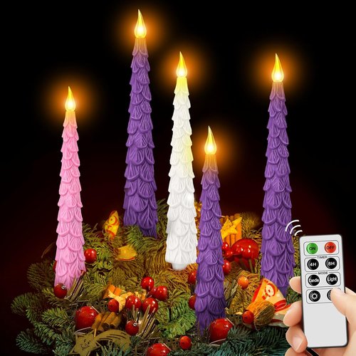 Baquler Flameless Advent Candle Set - 5 Pcs LED Taper Candles with Remote Timer | 10 Inch Purple, Pink, White