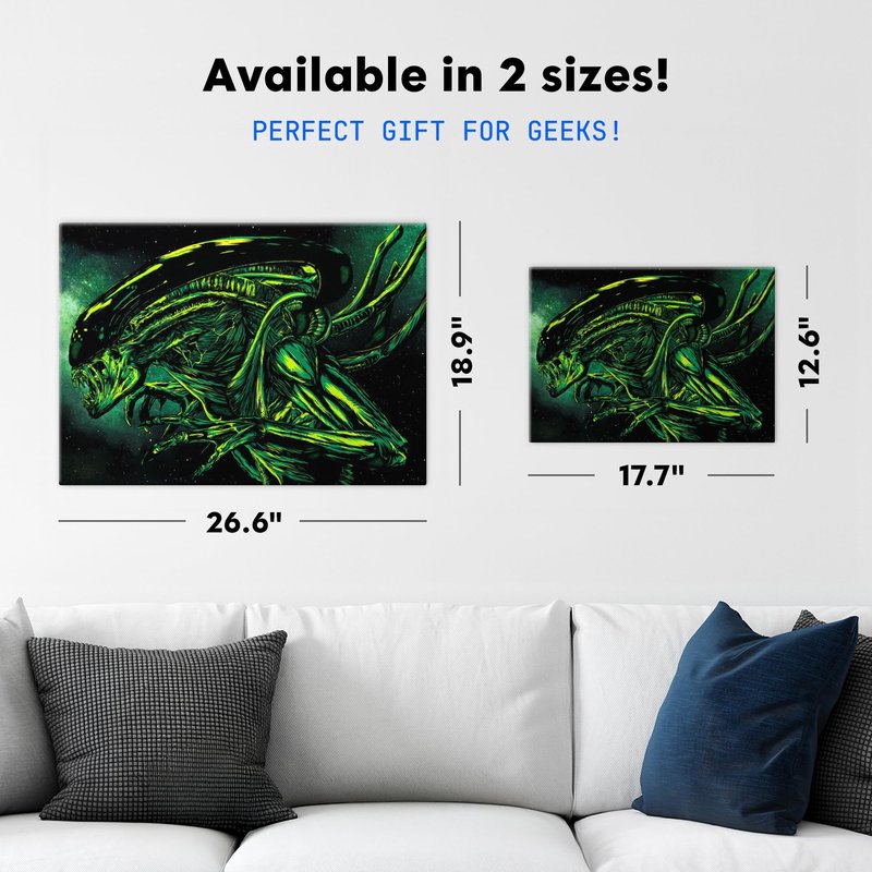 Displate Metal Poster Alien - Black And Green Alien - Easy Magnetic Mounting – Collectible Gift for Horror Fans – Fantasy Wall Art Room Decor Science Fiction Movie Posters - 12.6x17.7 in