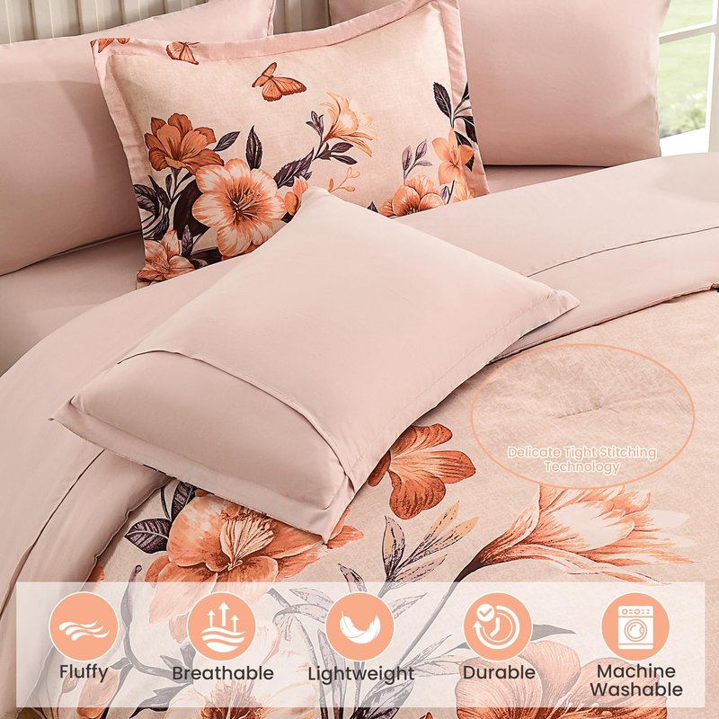 DHSFKBE Floral Comforter Set Queen Size,7 Piece Orange Bed in a Bag, Elegant Flower Pattern Comforter Set with Sheet, Soft Microfiber Complete Bedding Sets for All Season