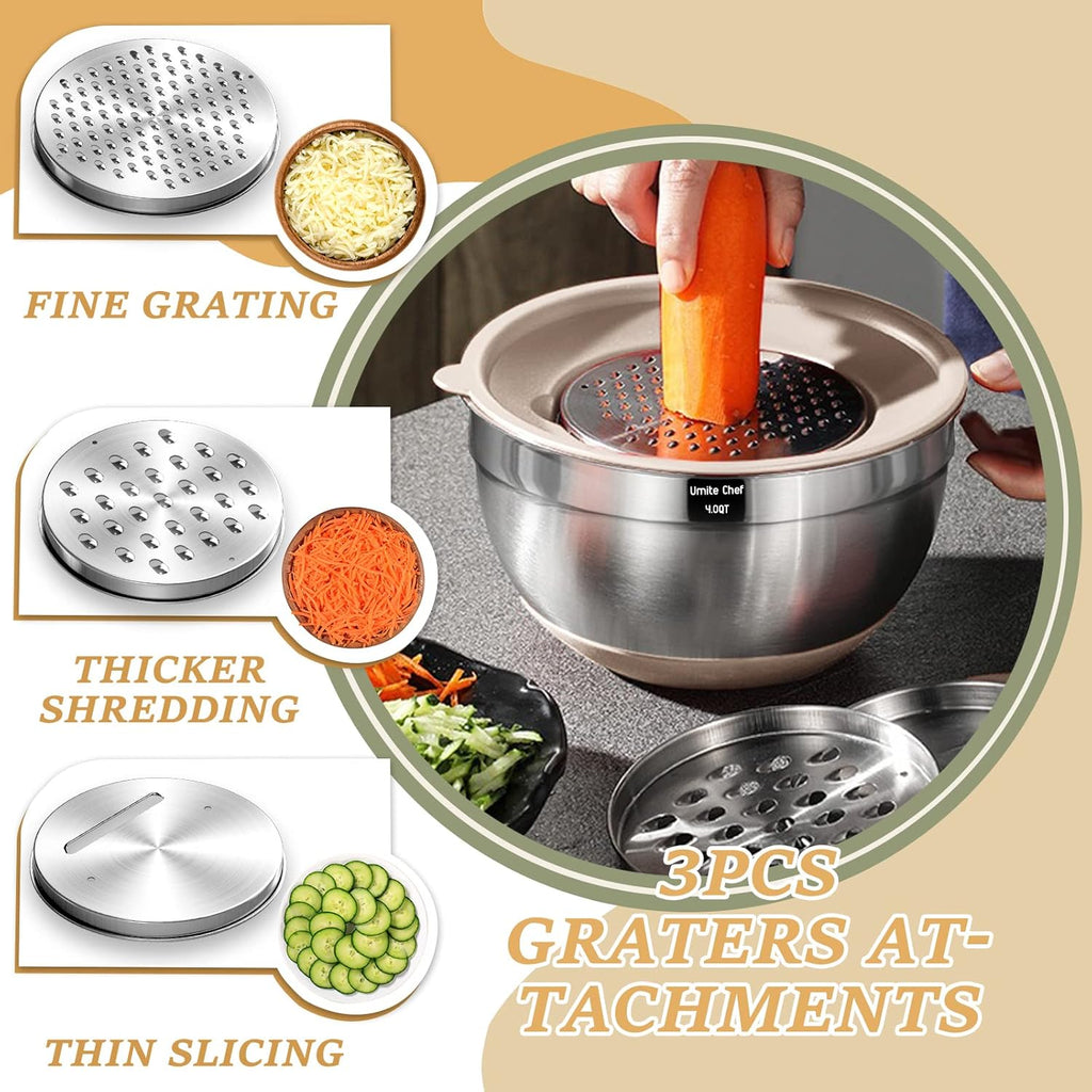 Stainless Steel Mixing Bowls Set by [Brand Name] - 26PCS with Airtight Lids & Grater Attachments | Non-Slip Bottoms, Khaki Color