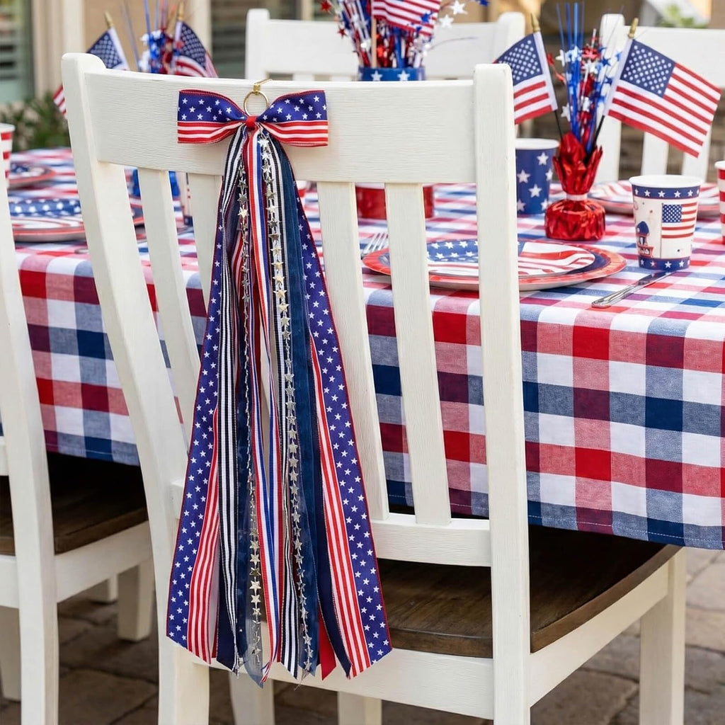 YKW Patriotic Wreath Sash - 27.5" Red, White & Blue Ribbon Bundle with Star Charm | 4th of July Decor