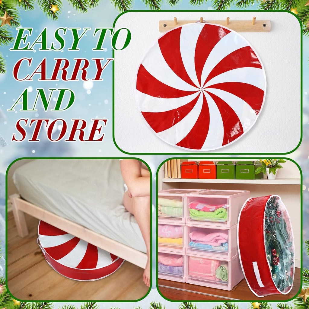 Regine Switzerland Christmas Wreath Storage Bag - 30 Inch Clear Window Design with Dual Zipper Handle | Red & White Peppermint Candy Cane Organizer
