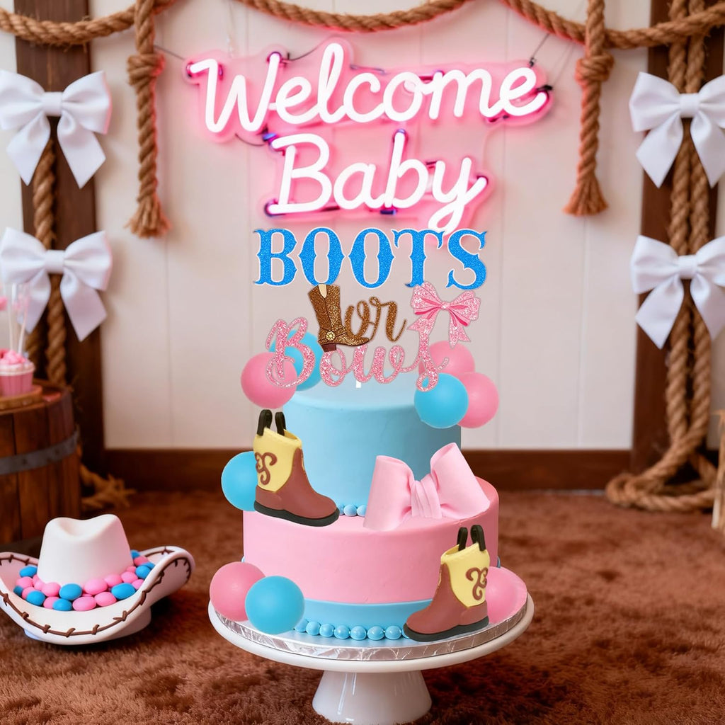 Skiennix Gender Reveal Cake Decorations - Acrylic Boots & Bows Cake Toppers Set for Baby Shower