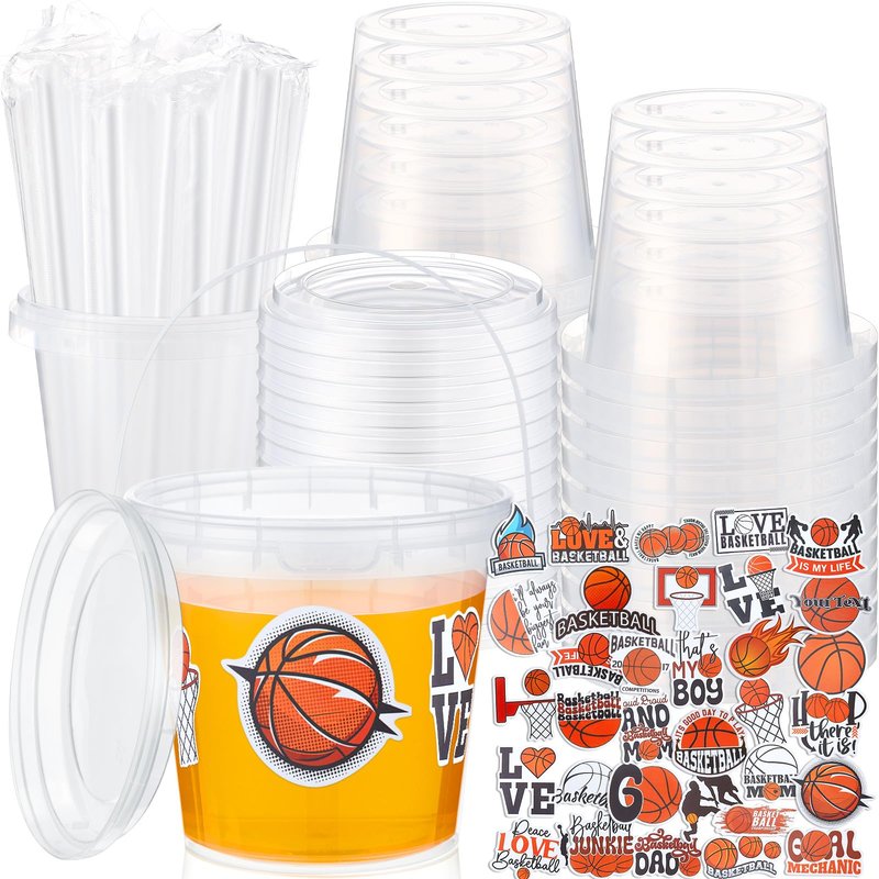 Funnymoom 30 Sets Clear Plastic Cups 24 oz Ice Cream Buckets with Lids & Straws Disposable Drink Cups Cocktail Pails Bulk with Handles and Stickers for Outdoor Beach Birthday Pool Party(Halloween)