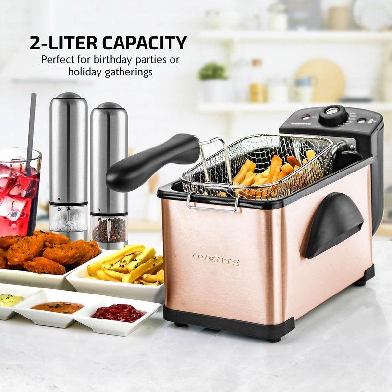 OVENTE Electric Deep Fryer 2L Capacity, Lid with Viewing Window, Adjustable Temperature, Removable Frying Basket & Cool Touch Handle, 1500W Power, Easy to Clean Stainless Steel Body, Copper FDM2201CO