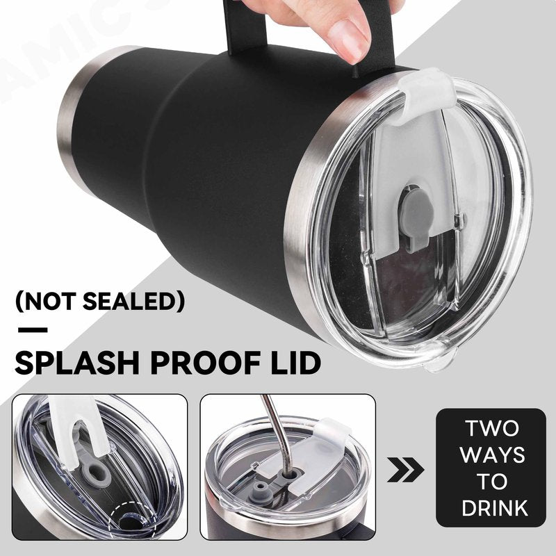 DYNAMIC SE 30 oz Tumbler With Handle, Double Wall Stainless Steel Vacuum Insulated Travel Mug with Splash-Proof Lid Metal Straw and Brush (Black)