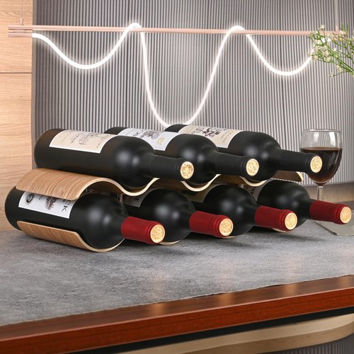 TRUDING Countertop Wine Rack - 7 Bottle Freestanding Wine Bottle Holder Stand - 2 Tier Wooden Wine Storage Rack - Wavy Wine Organizer for Cabinet Pantry Home Kitchen Bar