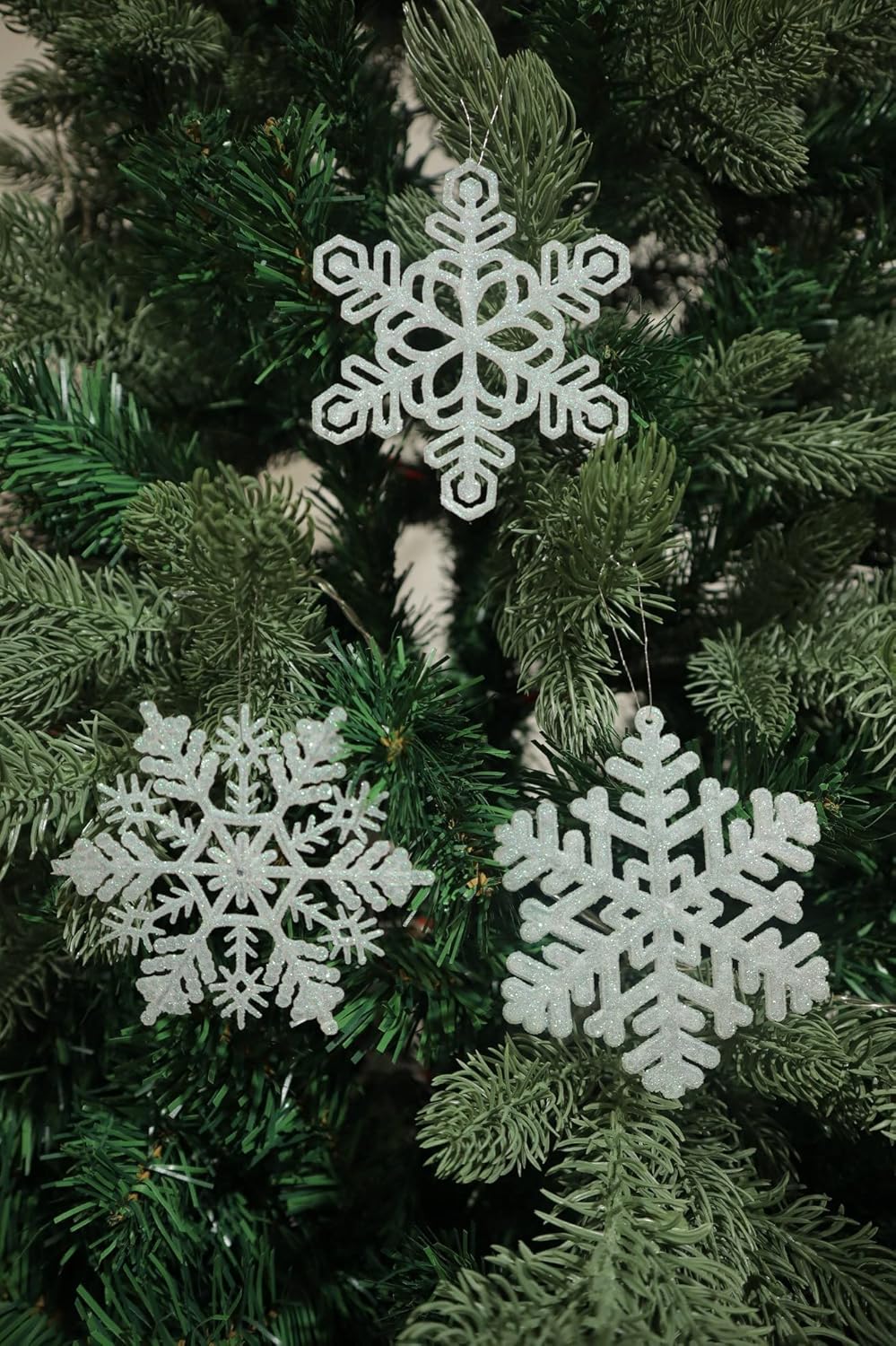 Skiennix 48pcs Pre-Strung White Snowflake Ornaments - Iridescent Glitter Christmas Tree Decor